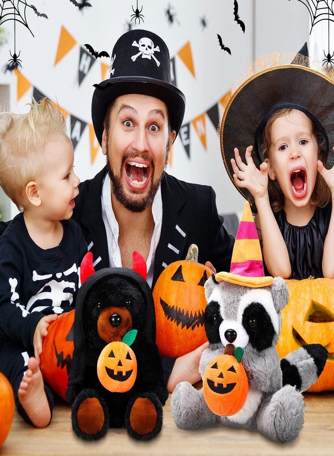 Zomiboo 4 Pcs Halloween Stuffed Animal 11 Inch Pumpkin Bear Toy Plush Elk Fox Raccoon Black Bear Toy with Wizard Hat Halloween Ornaments for Kids Infant Gifts - Image 4