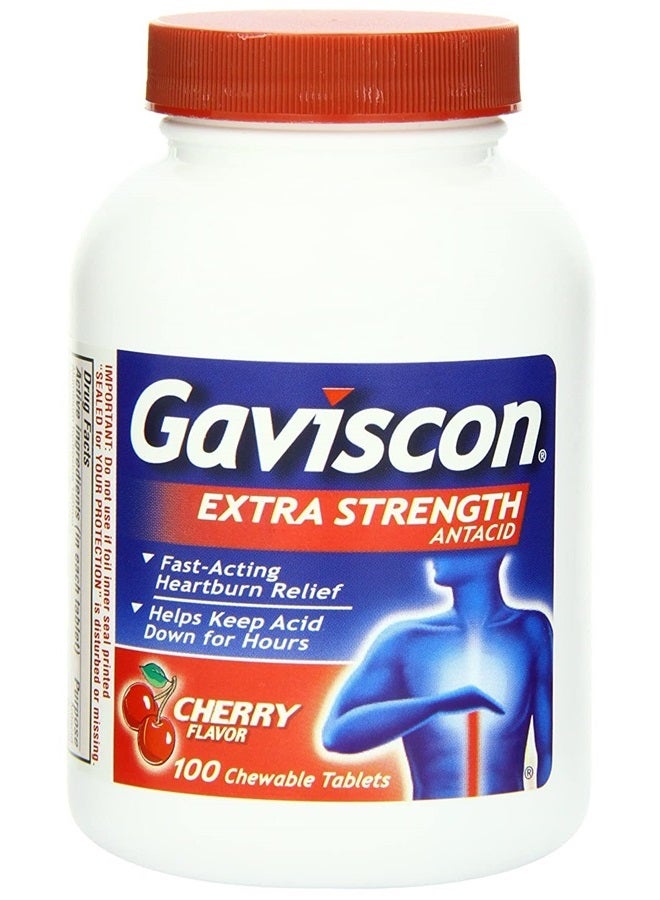 GAVISCON أقراص الكرز القابلة للمضغ بتركيز إضافي لتخفيف حرقة المعدة بسرعة، 100 حبة - Image 1