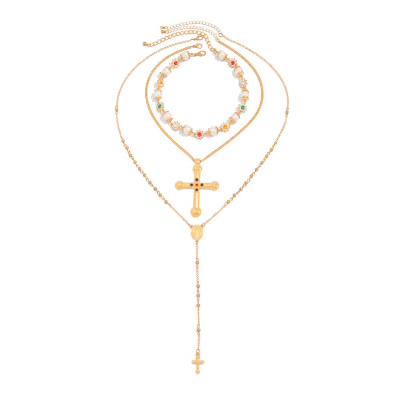 SHIXIN European and American Cross-Shaped Alloy Pendant Necklace with Rhinestone and Pearl Tassel - Image 5