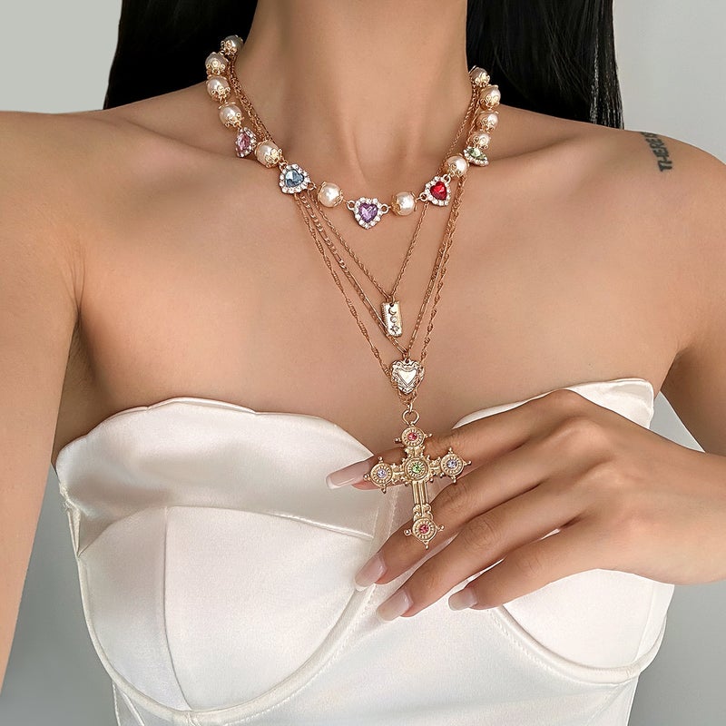 SHIXIN European and American Cross-Shaped Alloy Pendant Necklace with Rhinestone and Pearl Tassel - Image 1