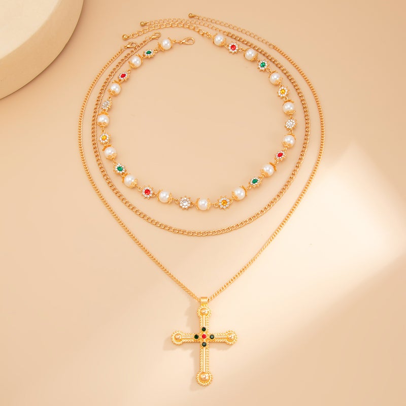 SHIXIN European and American Cross-Shaped Alloy Pendant Necklace with Rhinestone and Pearl Tassel - Image 4