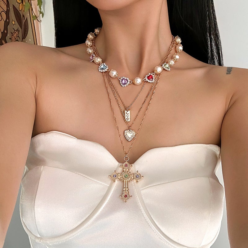 SHIXIN European and American Cross-Shaped Alloy Pendant Necklace with Rhinestone and Pearl Tassel - Image 3