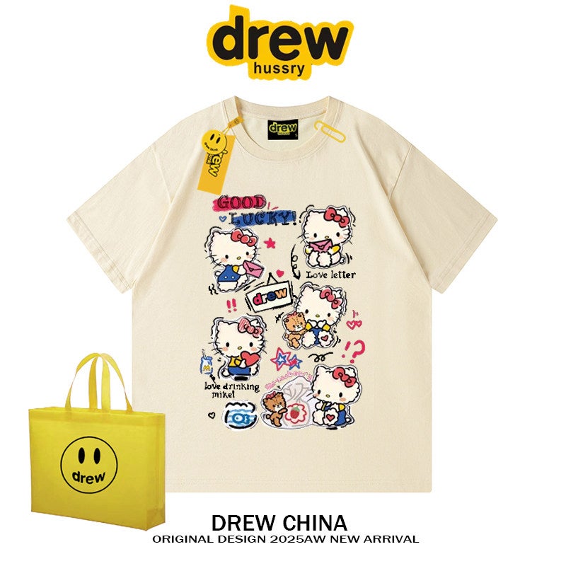 Drew American fashion brand KT cat cartoon graffiti print short-sleeved T-shirt men and women street loose couple top INS summer - Image 1