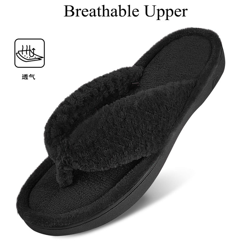 DL Women's Flip Flop Memory Foam Slippers with Cozy Terry Lining Soft Thong Slippers Slip on House Shoes with Indoor Outdoor Arch Support Rubber Sole, Black, 7-8 - Image 4