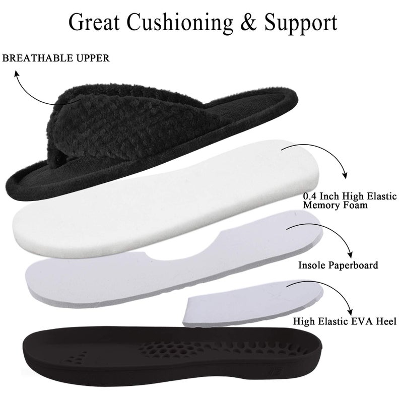 DL Women's Flip Flop Memory Foam Slippers with Cozy Terry Lining Soft Thong Slippers Slip on House Shoes with Indoor Outdoor Arch Support Rubber Sole, Black, 7-8 - Image 5