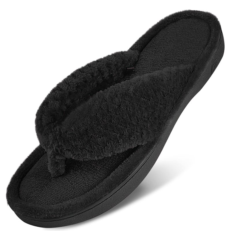 DL Women's Flip Flop Memory Foam Slippers with Cozy Terry Lining Soft Thong Slippers Slip on House Shoes with Indoor Outdoor Arch Support Rubber Sole, Black, 7-8 - Image 1