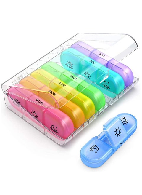 Weekly Pill Organizer 3 Times A Day, Portable Travel Pill Box 7 Day with Large Compartments, Portable Travel Pill Case for Vitamins, Medicine, Fish Oils, Supplements (Transparent shell, Color Box)