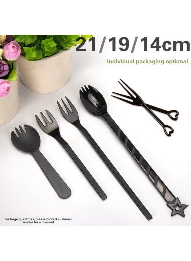 Fruit Fork Disposable Fork Plastic Small Rubber Fork Fruit Sign Cake Fork Fruit Tea Fork Long Handle Independent Packaging-Specifications:19cm Black Long Fork 100 Pieces With Paper Towel  - Image 2