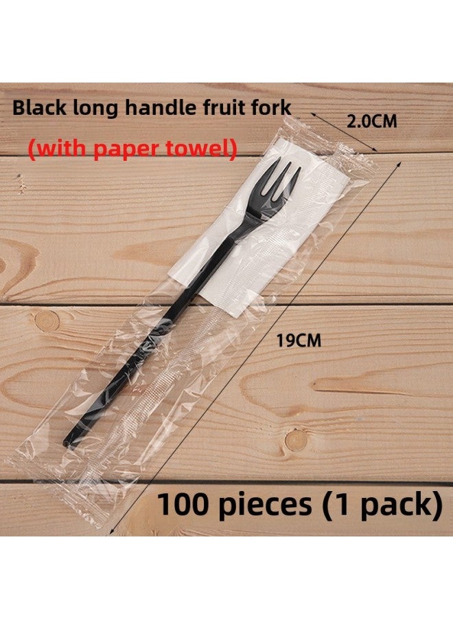 Fruit Fork Disposable Fork Plastic Small Rubber Fork Fruit Sign Cake Fork Fruit Tea Fork Long Handle Independent Packaging-Specifications:19cm Black Long Fork 100 Pieces With Paper Towel  - Image 1