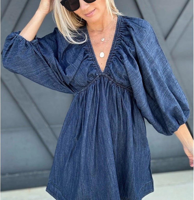 yoeasy Women's V Neck Denim Dress Casual Puff Sleeve Swing Ruffle Flowy A Line Mini Jean Babydoll Dress (Medium, Dark Blue) - Image 2