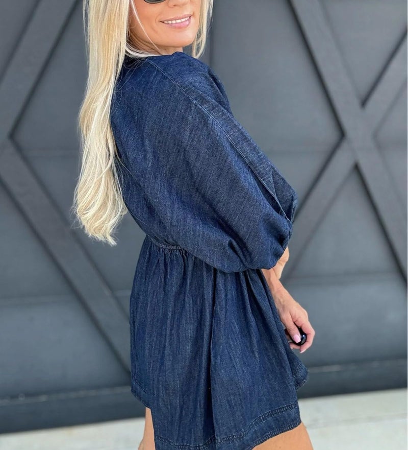 yoeasy Women's V Neck Denim Dress Casual Puff Sleeve Swing Ruffle Flowy A Line Mini Jean Babydoll Dress (Medium, Dark Blue) - Image 4