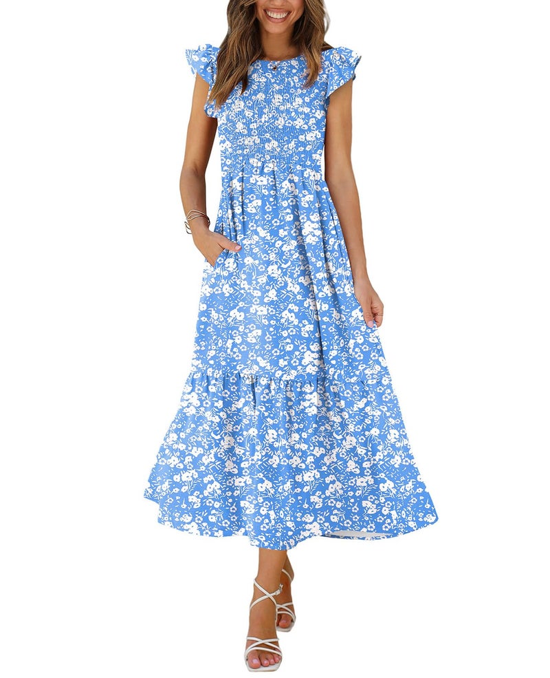 OFEEFAN Maxi Dresses for Women 2025 Summer Dress Maternity Baby Shower Dress Milkmaid Floral Light Blue S - Image 1