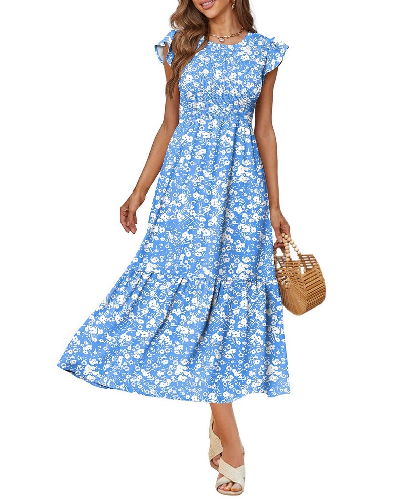 OFEEFAN Maxi Dresses for Women 2025 Summer Dress Maternity Baby Shower Dress Milkmaid Floral Light Blue S - Image 2