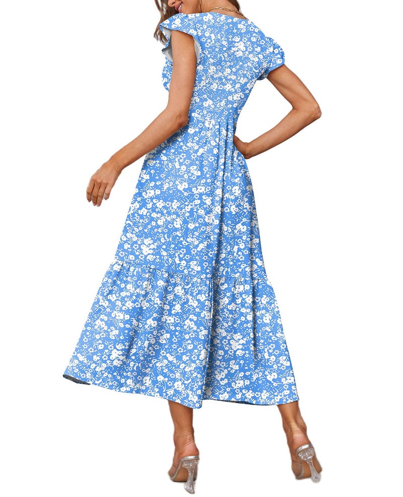 OFEEFAN Maxi Dresses for Women 2025 Summer Dress Maternity Baby Shower Dress Milkmaid Floral Light Blue S - Image 3