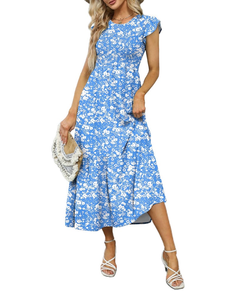 OFEEFAN Maxi Dresses for Women 2025 Summer Dress Maternity Baby Shower Dress Milkmaid Floral Light Blue S - Image 4