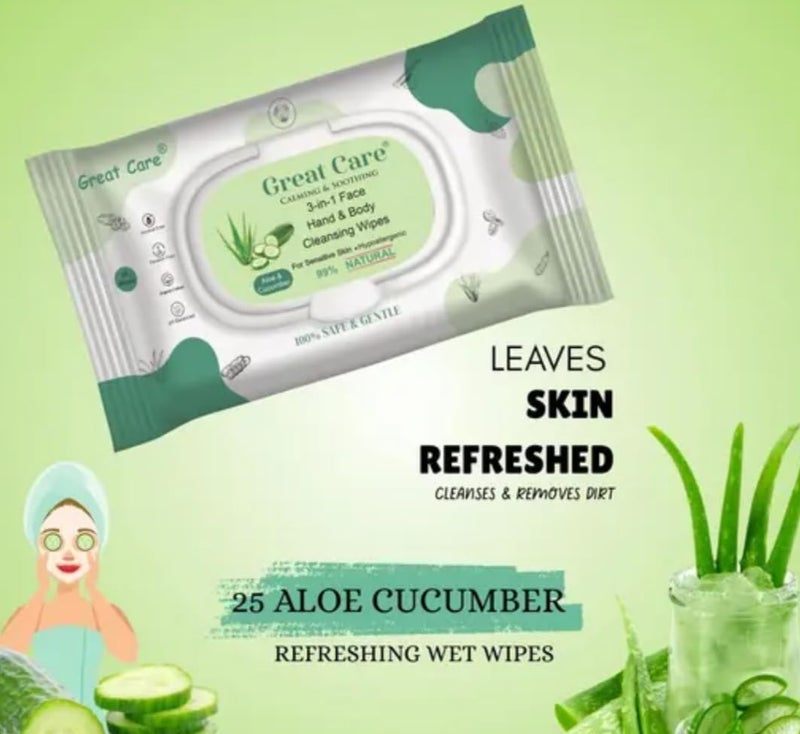 Great Care Daily Cleansing Facial Wipes 25N Each Pack of 3 Wet Wipes for Face with Aloe Vera Cucumber Vitamin E Makeup Remover Wipes HydratingRefreshing SoothingParaben Alcohol Free - Image 4