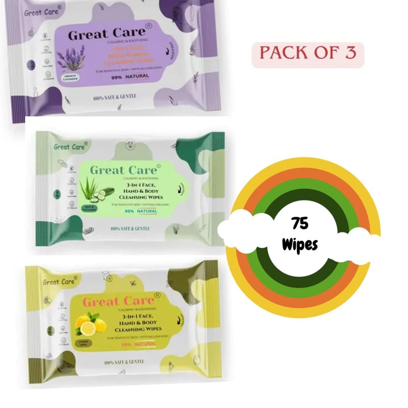 Great Care Daily Cleansing Facial Wipes 25N Each Pack of 3 Wet Wipes for Face with Aloe Vera Cucumber Vitamin E Makeup Remover Wipes HydratingRefreshing SoothingParaben Alcohol Free - Image 2
