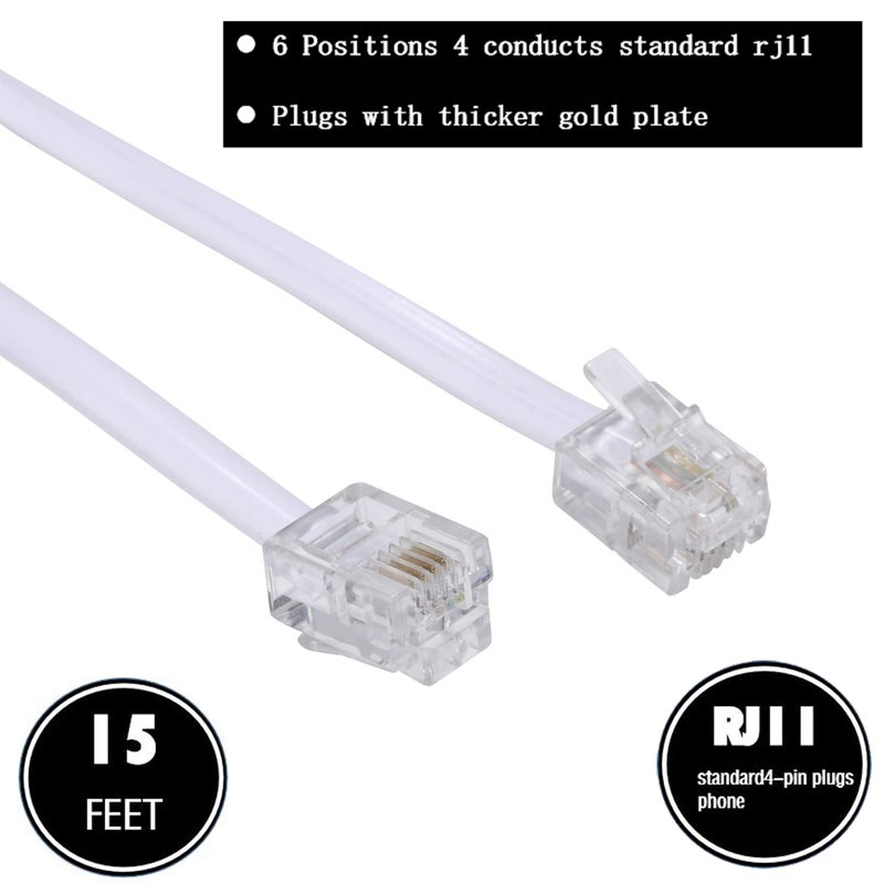 Ubramac 15 Feet Long Telephone Extension Cord Phone Cable Line Wire, with Standard RJ11 Plug and 1 in-Line Couplers and 15 Cable Clip Holders-White - Image 2