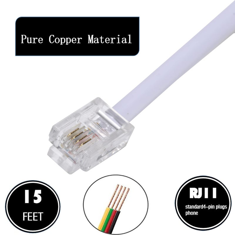Ubramac 15 Feet Long Telephone Extension Cord Phone Cable Line Wire, with Standard RJ11 Plug and 1 in-Line Couplers and 15 Cable Clip Holders-White - Image 3