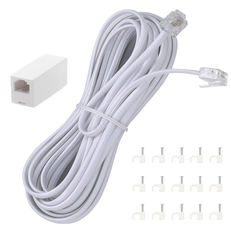 Ubramac 15 Feet Long Telephone Extension Cord Phone Cable Line Wire, with Standard RJ11 Plug and 1 in-Line Couplers and 15 Cable Clip Holders-White - Image 1