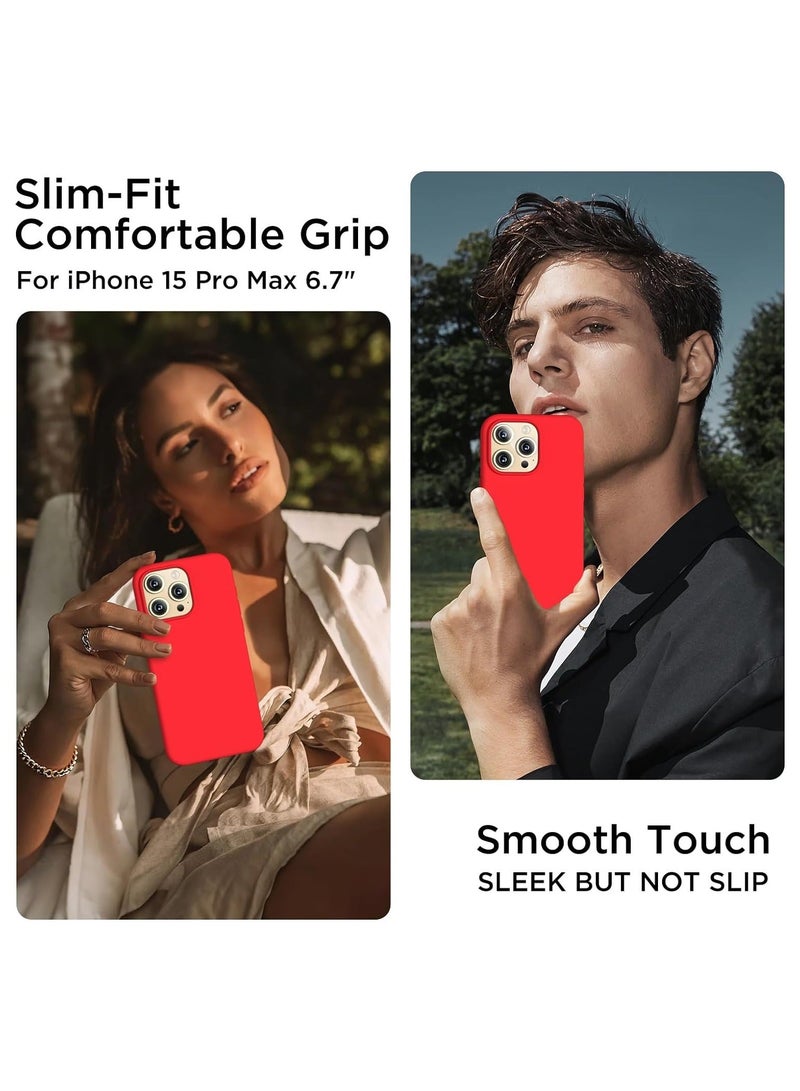 MUNTAQI حافظة متوافقة مع آيفون 15 برو ماكس، حافظة سائلة من السيليكون، غطاء واقي مضاد للصدمات كامل الجسم رفيع ونحيف مع بطانة ميكروفايبر ناعمة مضادة للخدش، 6.7 بوصة - أحمر - Image 2