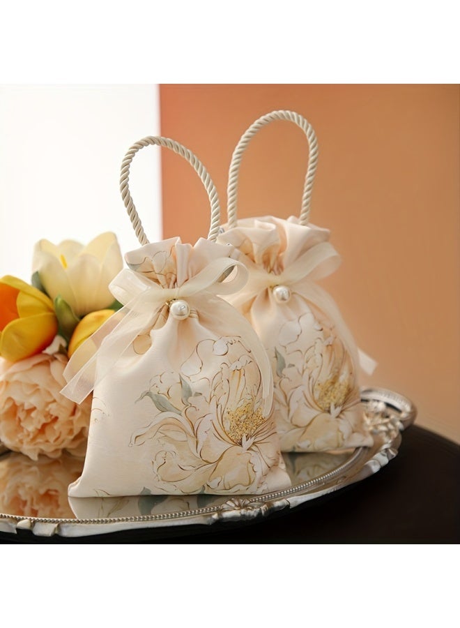 5pcsFloral Drawstring Candy Bags with Pearl and Ribbon,  for Weddings, Baby Showers, Birthdays, and Special Occasions - Chambray Polyester Fabric, Valentine's Day, Mother's Day, Spring, - Image 1