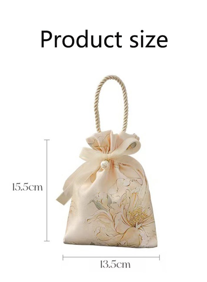 5pcsFloral Drawstring Candy Bags with Pearl and Ribbon,  for Weddings, Baby Showers, Birthdays, and Special Occasions - Chambray Polyester Fabric, Valentine's Day, Mother's Day, Spring, - Image 3