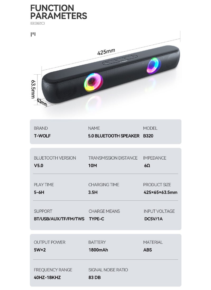 T-WOLF Computer Speakers Bluetooth Desktop Soundbar Stereo Audio RGB Gaming PC  Wireless AUX Wired USB Power Desk Monitor Laptop PC External Speaker  - Image 2