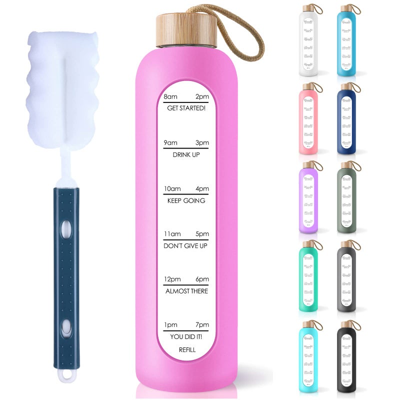 PROBTTL 32 Oz Borosilicate Glass Water Bottle with Time Marker Reminder Quotes  1 Liter Leak Proof Reusable BPA Free Motivational Water Bottles with Silicone Sleeve and Bamboo Lid
