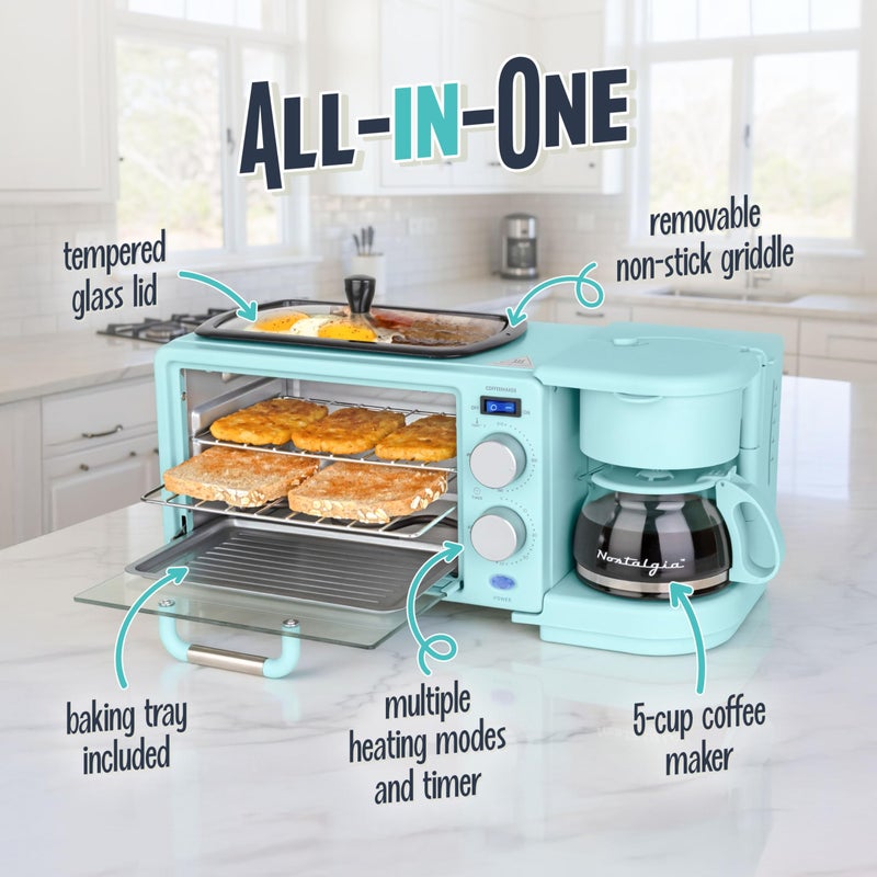 Nostalgia 3-in-1 Retro Breakfast Station - Includes 5 Cup Coffee Maker, Non-Stick Ceramic Griddle, and 4-Slice Toaster Oven - Built-In Timer, Reusable Coffee Filter, Space-Saving Design - Aqua - Image 4