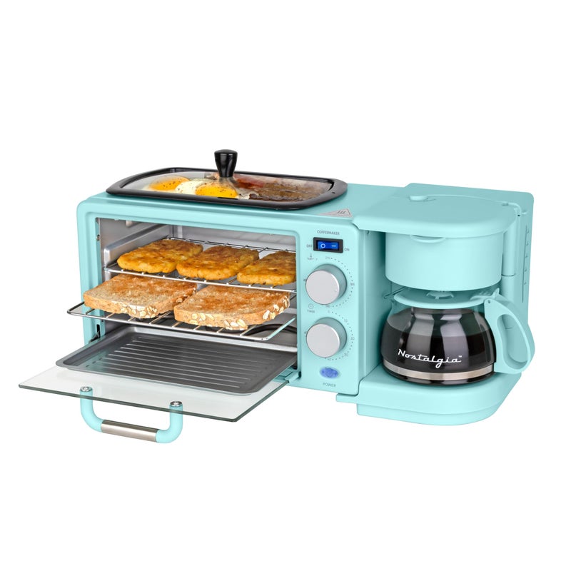 Nostalgia 3-in-1 Retro Breakfast Station - Includes 5 Cup Coffee Maker, Non-Stick Ceramic Griddle, and 4-Slice Toaster Oven - Built-In Timer, Reusable Coffee Filter, Space-Saving Design - Aqua - Image 1