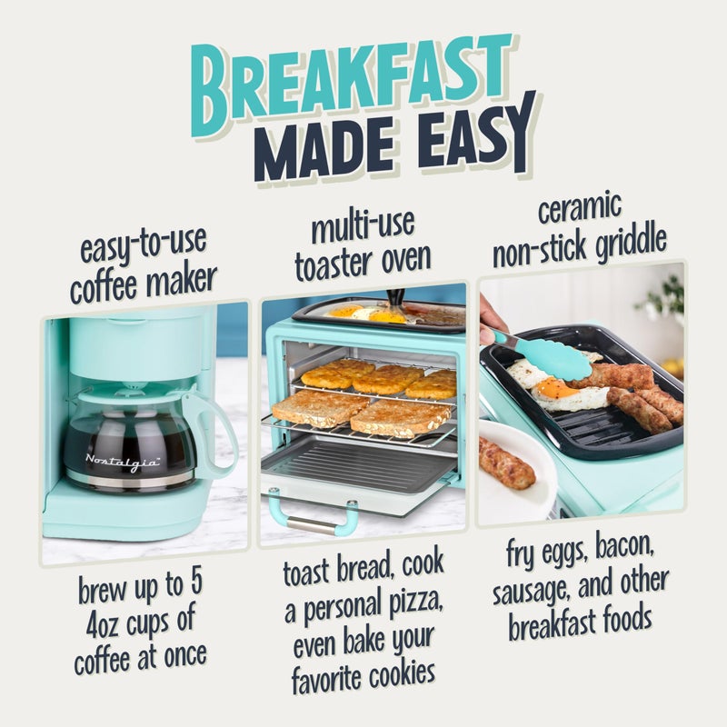 Nostalgia 3-in-1 Retro Breakfast Station - Includes 5 Cup Coffee Maker, Non-Stick Ceramic Griddle, and 4-Slice Toaster Oven - Built-In Timer, Reusable Coffee Filter, Space-Saving Design - Aqua - Image 3