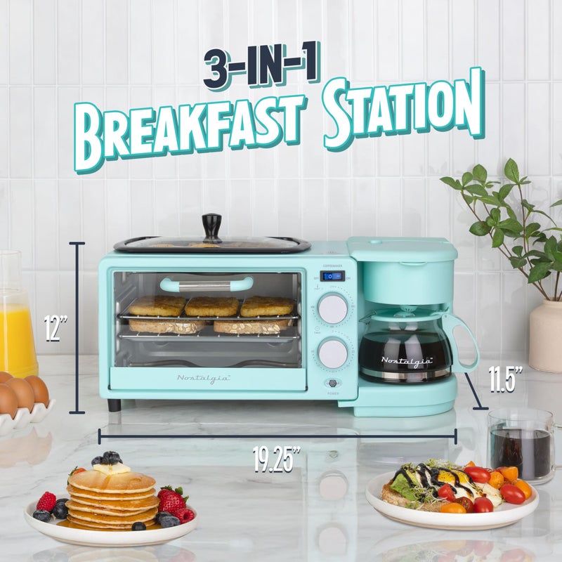 Nostalgia 3-in-1 Retro Breakfast Station - Includes 5 Cup Coffee Maker, Non-Stick Ceramic Griddle, and 4-Slice Toaster Oven - Built-In Timer, Reusable Coffee Filter, Space-Saving Design - Aqua - Image 2