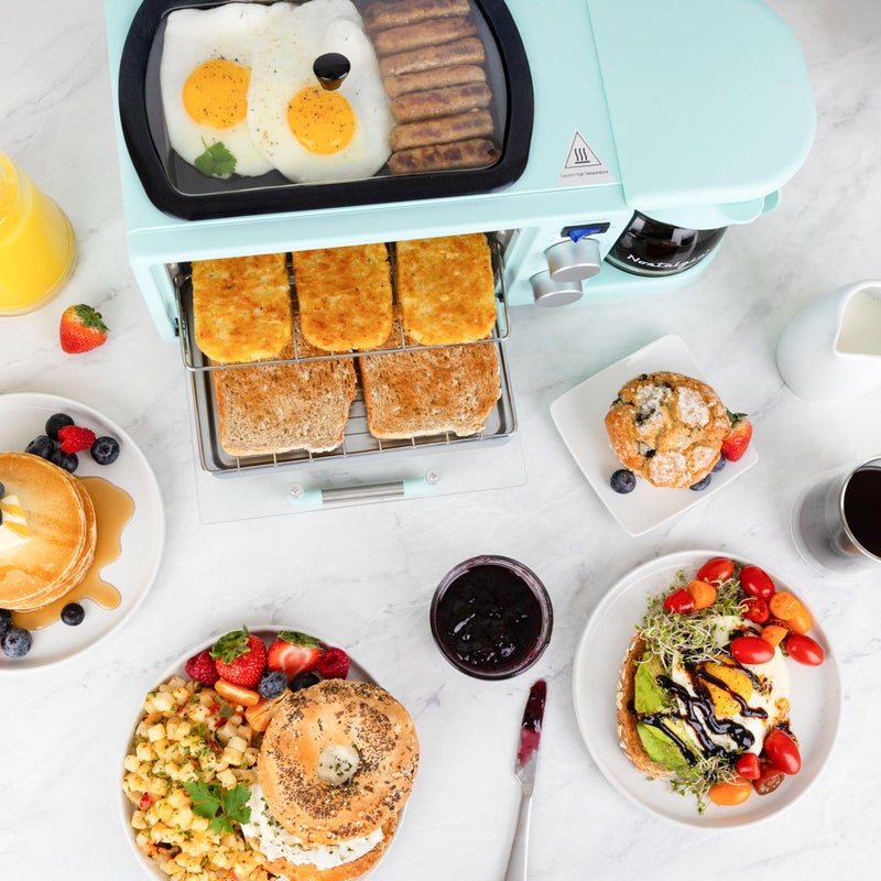 Nostalgia 3-in-1 Retro Breakfast Station - Includes 5 Cup Coffee Maker, Non-Stick Ceramic Griddle, and 4-Slice Toaster Oven - Built-In Timer, Reusable Coffee Filter, Space-Saving Design - Aqua - Image 5