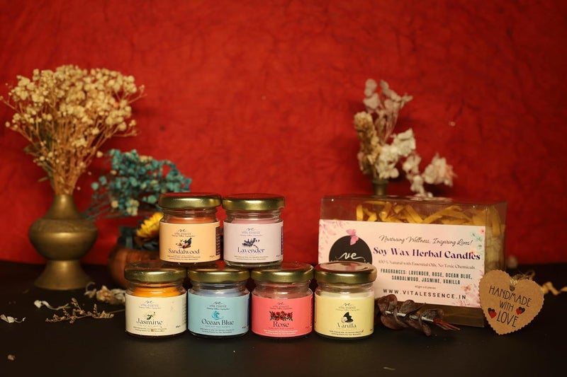 VE VITAL ESSENCE Soy Wax Mini Jar Scented Candles Set of 6 Lavender Jasmine Blue Ocean Sandalwood Vanilla Rose  - Image 1