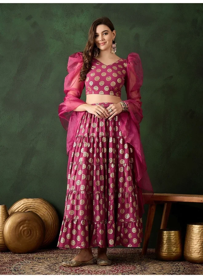 AKS Magenta Gold Foil printed tiered lehenga Choli