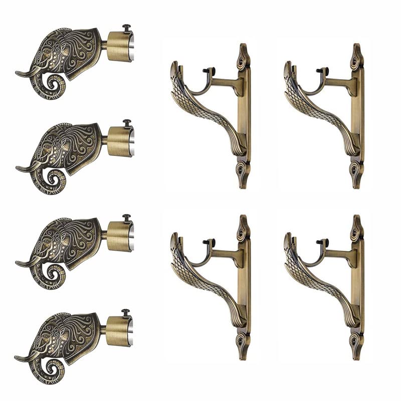 GRIVAN Rajwada Royal Aluminium Elephant Curtain Brackets Parda Holders with Support Fittings 1 Inch Rod Pocket Finials Designer Door and Window Antique Pair of 2 - Image 1