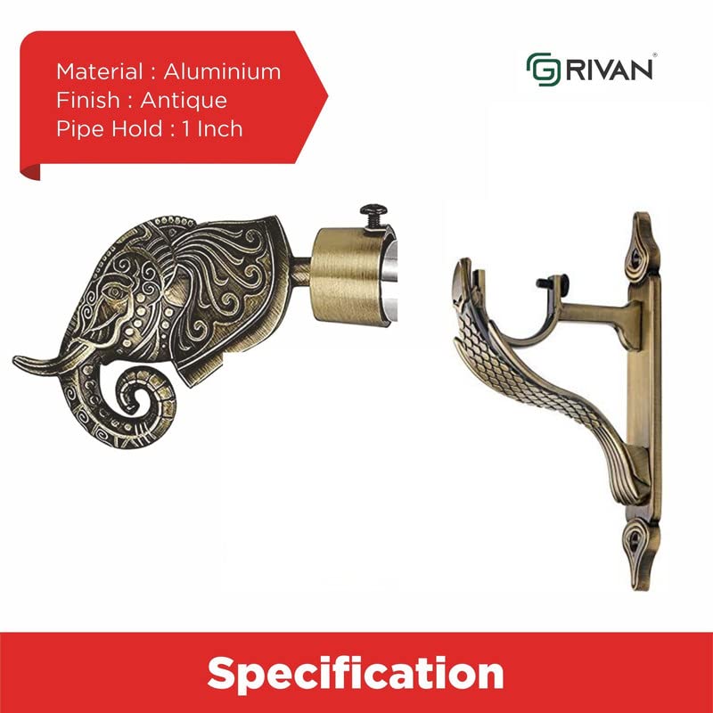 GRIVAN Rajwada Royal Aluminium Elephant Curtain Brackets Parda Holders with Support Fittings 1 Inch Rod Pocket Finials Designer Door and Window Antique Pair of 2 - Image 2