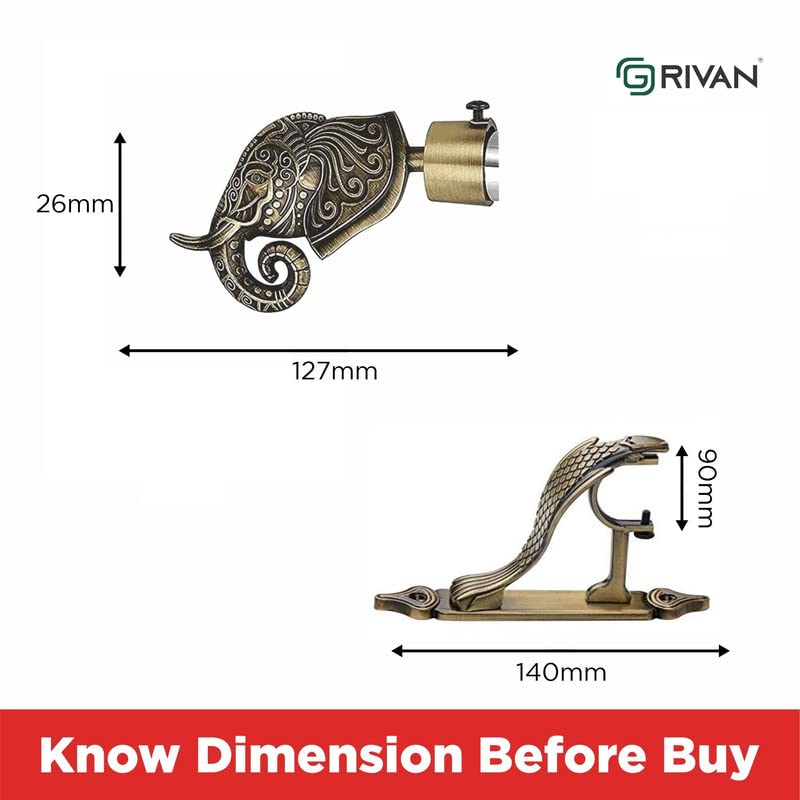 GRIVAN Rajwada Royal Aluminium Elephant Curtain Brackets Parda Holders with Support Fittings 1 Inch Rod Pocket Finials Designer Door and Window Antique Pair of 2 - Image 4