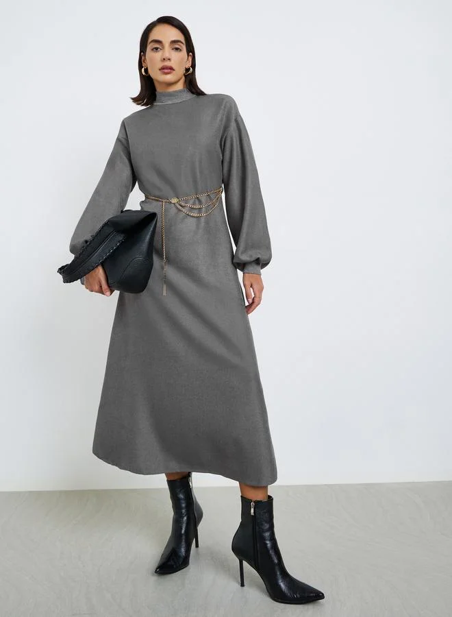 Styli Grey High Neck Maxi Dress with Chain Belt