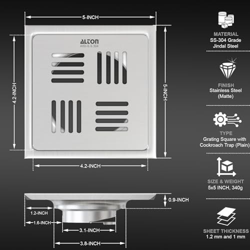 ALTON ALD1001, SS-304 Grade, 5x5 INCH Plain, Bathroom Grating Square Floor Drain Jali with Cockroach Trap, Matte - Image 2