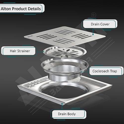 ALTON ALD1001, SS-304 Grade, 5x5 INCH Plain, Bathroom Grating Square Floor Drain Jali with Cockroach Trap, Matte - Image 3