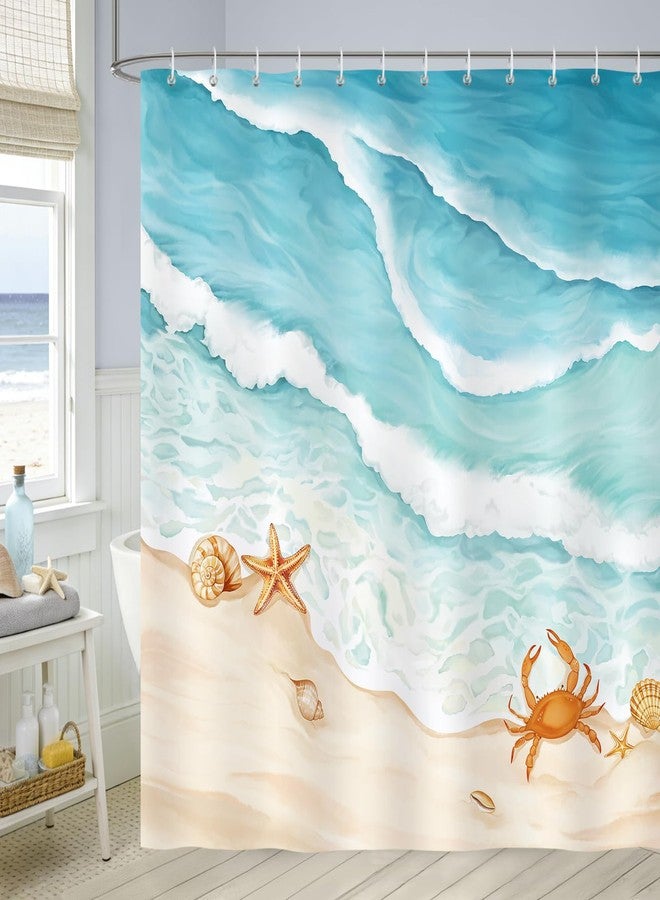 Bonhause Beach Shower Curtain, Teal Blue Ocean Waves Starfish Crab Coastal Bathroom Decor 72 x 72 Inch Polyester Fabric Waterproof Bath Curtain with 12 Hooks - Image 2