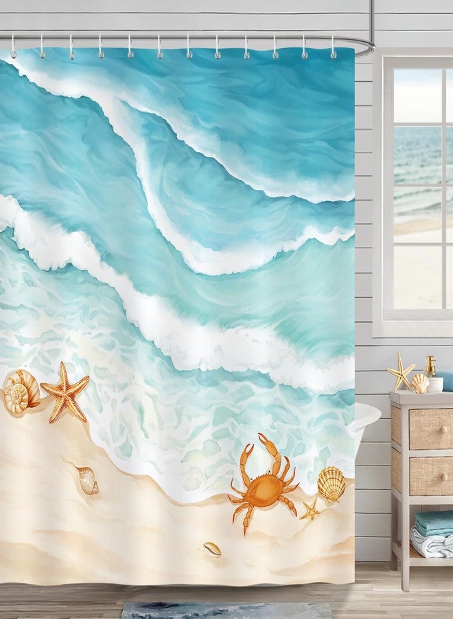 Bonhause Beach Shower Curtain, Teal Blue Ocean Waves Starfish Crab Coastal Bathroom Decor 72 x 72 Inch Polyester Fabric Waterproof Bath Curtain with 12 Hooks - Image 1