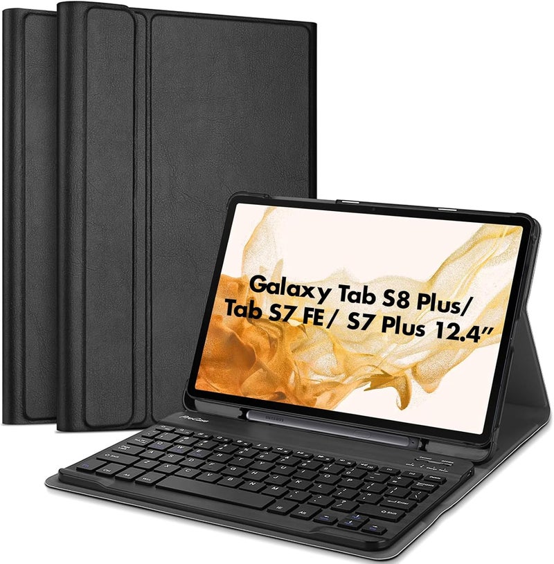Procases Galaxy Tab S8 Plus/S7 Fe/S7 Plus Keyboard Case 12.4", Slim Lightweight Cover With Magnetically Detachable Wireless Keyboard For Samsung X800/X806/T970/T975/T976/T978/T730/T736 -Black - Image 1