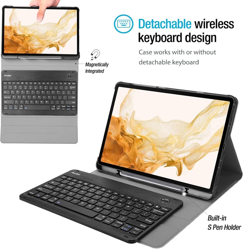 Procases Galaxy Tab S8 Plus/S7 Fe/S7 Plus Keyboard Case 12.4", Slim Lightweight Cover With Magnetically Detachable Wireless Keyboard For Samsung X800/X806/T970/T975/T976/T978/T730/T736 -Black - Image 3