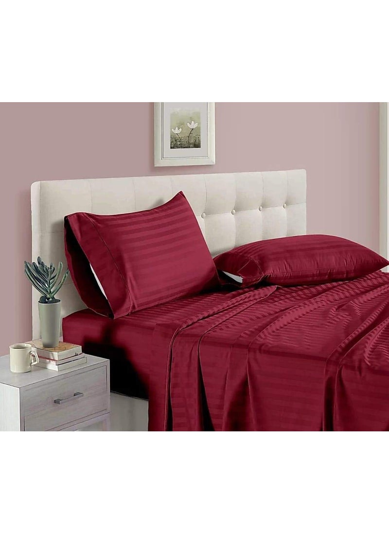 QWF QWF Premium 300TC Cotton Satin Plain Platinum Superior Elegant Solid Stripes Bedsheet with 2 Pillow Covers Maroon 90 x 100 Queen 