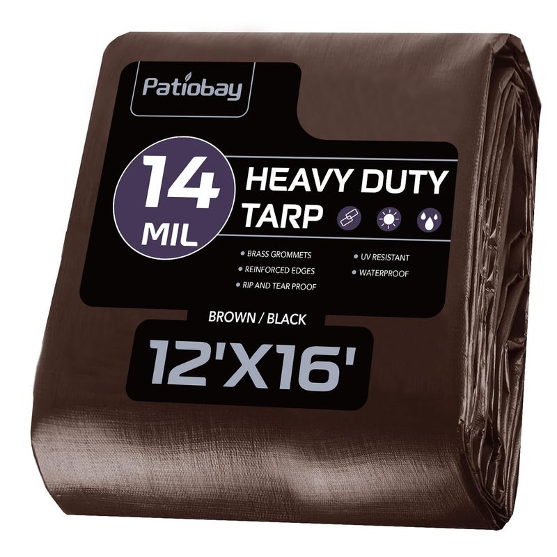 Patiobay Tarp 12x16FT 14 Mil Large Tarp Tarps Heavy Duty Waterproof with Grommets Every 236 420D Thick Plastic Tarp UV Resistant TearFade Resistant Reinforced Edges for Outdoor Pool Camp Tent