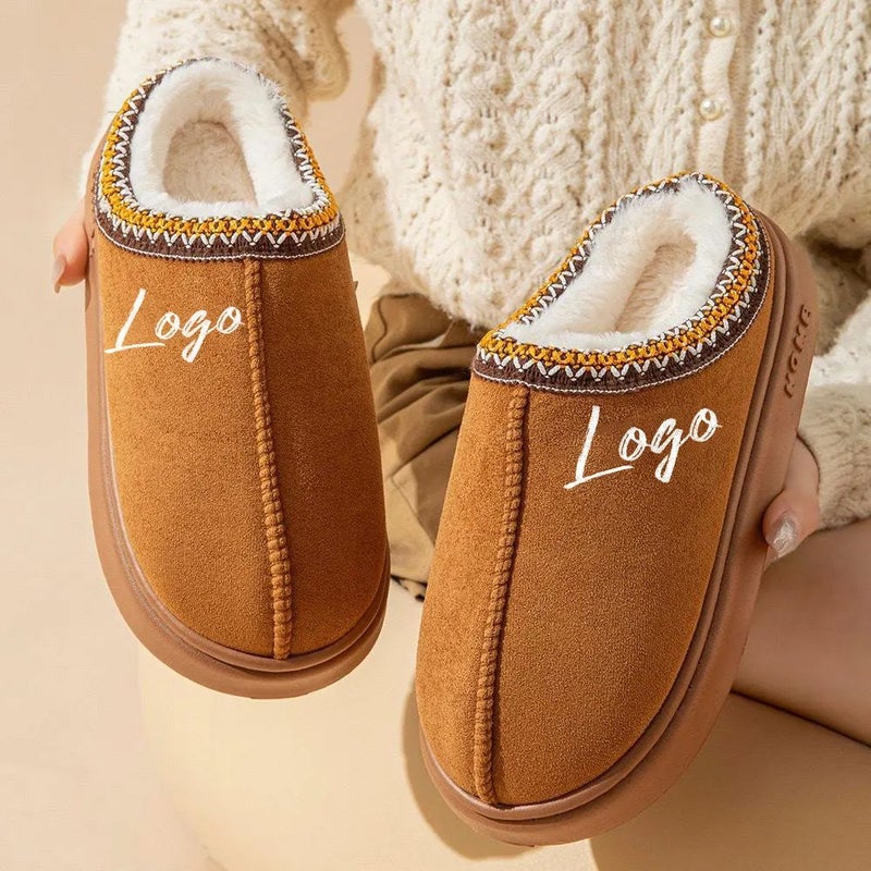 Y&D Logo Winter Non-Slip Soft Fluffy Fur Heel Design Home Indoor Warm Plush Ladies Men Couple Shoes Slides Slippers for Women - Image 2