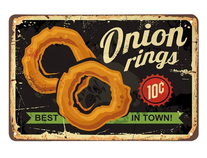 AOYEGO Onion Rings Tin Sign,Restaurant Fast Delicious Food Best in Town Black Vintage Metal Tin Signs for Cafes Bars Pubs Shop Wall Decorative Funny Retro Signs for Men Women 8x12 Inch - Image 1